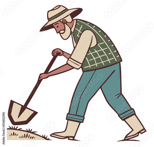 Illustration of a gardener digging in the soil with a shovel