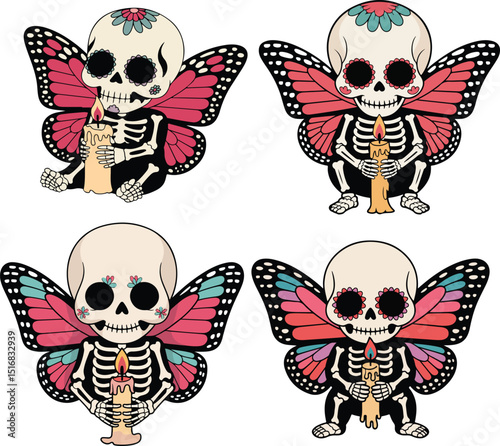 Four Sugar Skull Butterfly Babies with Candles