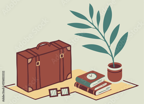 Illustration of a vintage suitcase books plant and eyeglasses