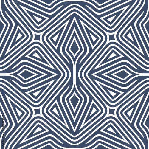 Seamless striped pattern with a complex design of concentric blue and white geometric shapes in a modern ethnic style. Abstract background. Vector illustration for wrapping, textile, and wallpaper.