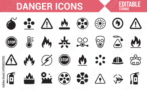 Set of Simple Line Icons for Danger, Hazard, and Warning Signs.