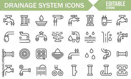 Black and White Icon Set for Water Drainage, Plumbing, and Sewer Systems.