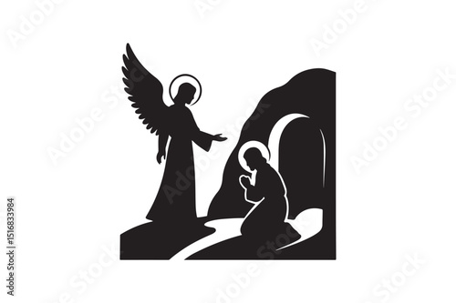 Angel appearing at tomb silhouette vector art illustration on white background