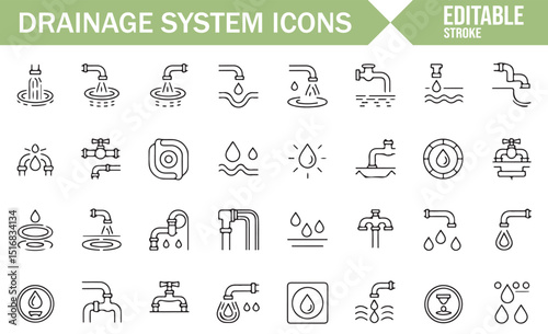 A Collection of Icons for Plumbing, Water Flow, and Drainage Systems.