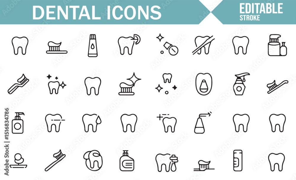 Naklejka premium Simple Line Illustrations of Toothbrushes, Teeth, and Oral Health