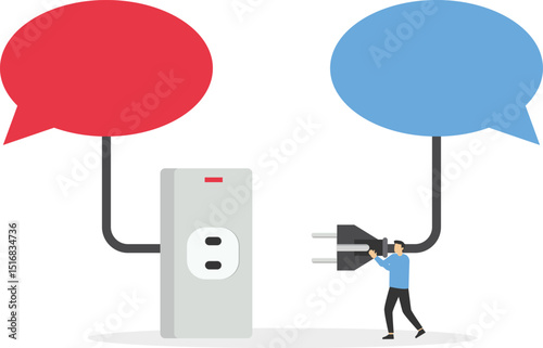Man connect plug with bubble chat to bubble chat concept vector illustration with flat style design, social dialogue, discussion connection idea, speech bubble chat goal discuss, communication talk st