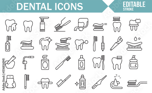 A Collection of Icons for Dental Health, Teeth Cleaning, and Oral Care.
