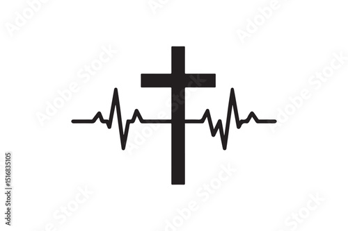 Cross with heartbeat line silhouette vector art illustration on white background