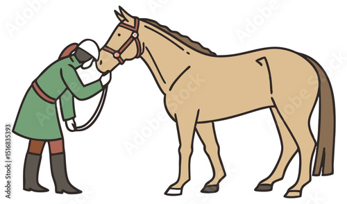 Jockey nuzzling a horse with equestrian gear in minimalist style