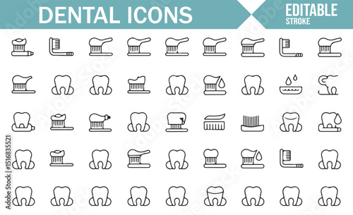 Set of Simple Line Icons for Dental Hygiene, Toothbrush, and Teeth.