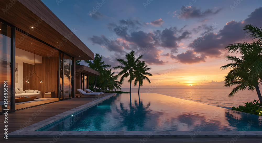 Obraz premium Luxurious villa with infinity pool overlooking the ocean at sunset, palm trees and dramatic sky