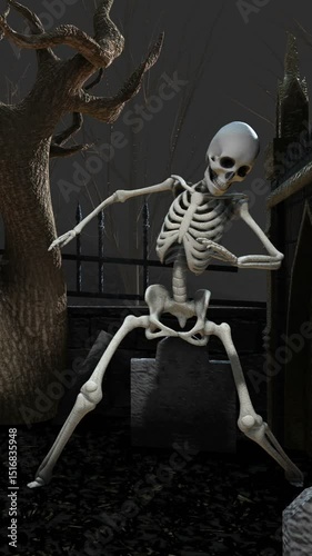 Seamless vertical video of skeleton dancing salsa in a cemetery at night. Funny halloween background.