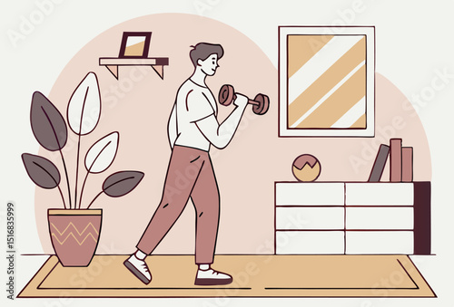 Man exercising with dumbbell in home fitness room