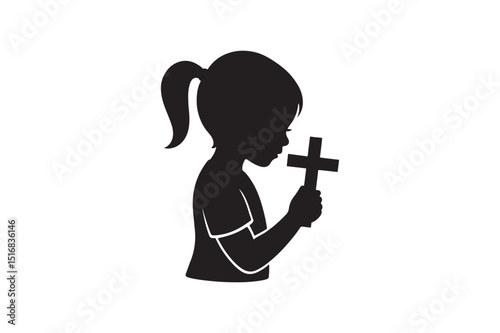 Girl holding cross silhouette vector art illustration on white background