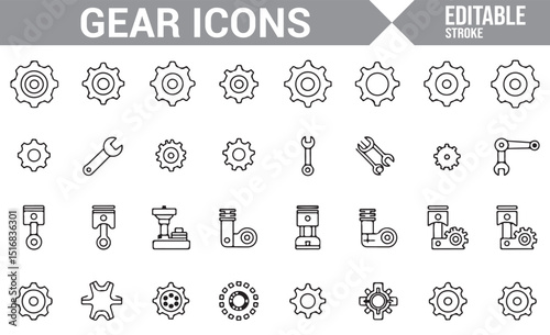 Set of Simple Line Icons for Mechanical Gears, Tools, and Engineering.