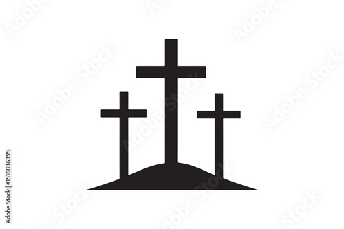 Hill with crosses silhouette vector art illustration on white background