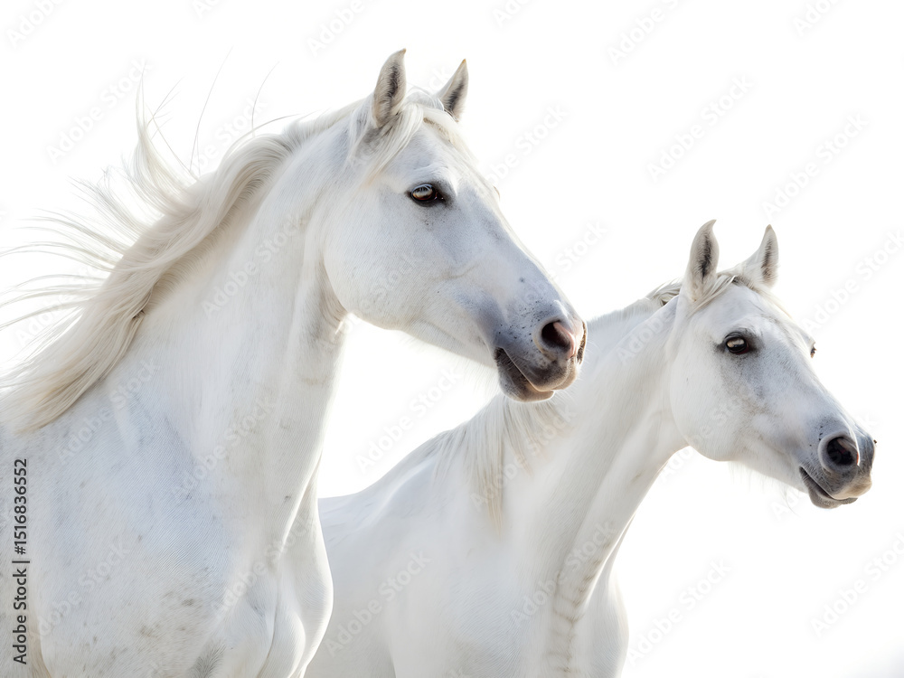 Obraz premium Two white horses standing close together against a bright, white background