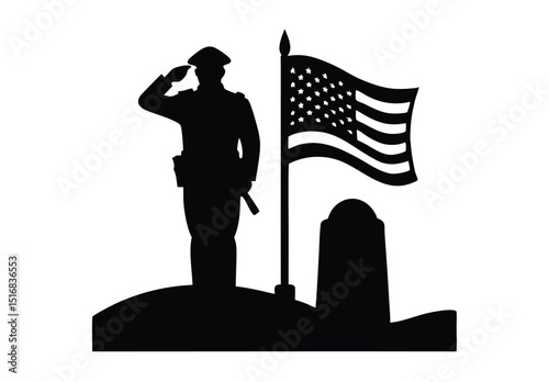Memorial Day Tribute Honoring Soldiers with American Flag and Tombstone silhouette vector illustration.