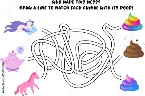 Humorous children s maze with panda, unicorn and hippo finding their poop. Colorful poop icons and silly expressions. Stock vector illustration in flat cartoon style.