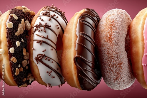 Delicious assortment of colorful donuts displayed enticingly against a vibrant pink backdrop