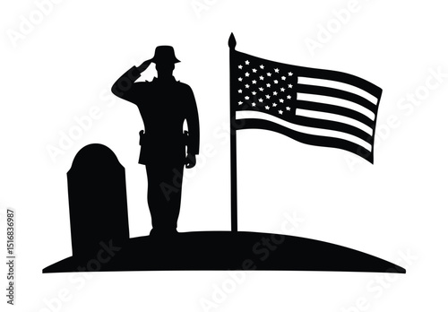 Memorial Day Tribute Honoring Soldiers with American Flag and Tombstone silhouette vector illustration.