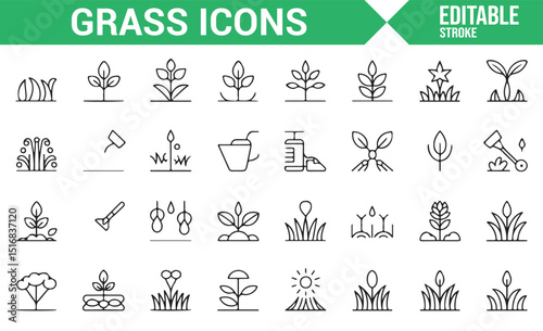 Set of Simple Line Icons for Plants, Grass, and Gardening Tools.