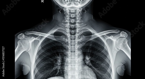 A detailed x ray image showing the chest, neck, and shoulder bone structure.