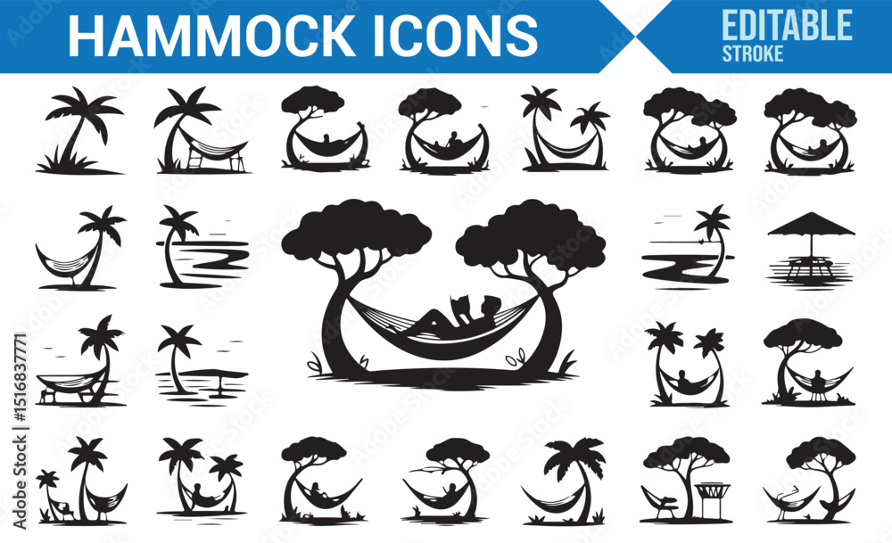 Fototapeta premium Set of Simple Line Icons for Hammocks, Palms, and Relaxation.