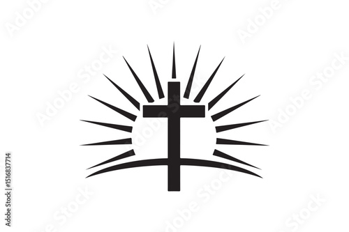 Sunrise behind cross silhouette vector art illustration on white background