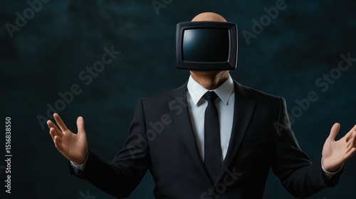 Headless figure in modern office with retro television replacing the head brings nostalgia to contemporary workspace