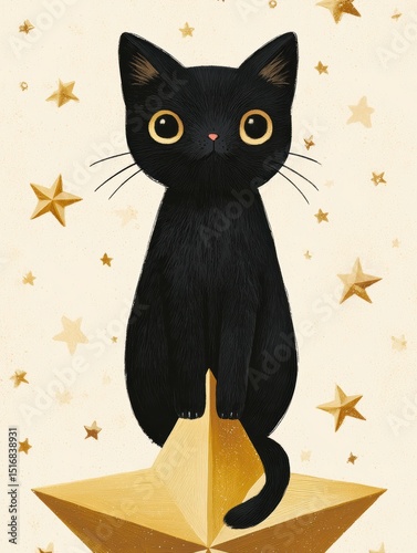 Black cat sits proudly on a golden star against a soft starry background showcasing charm and whimsy in the artwork