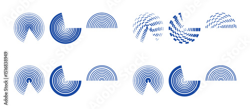 Set of circular ripple icons. Concentric circles with broken lines isolated on white background. Vortex, sonar wave, sound wave, sunburst, signal signs. Vector graphic illustration 
