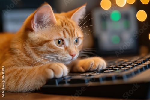 Tech-savvy kitty curiously explores laptop keyboard on busy home office desk during cozy work hours