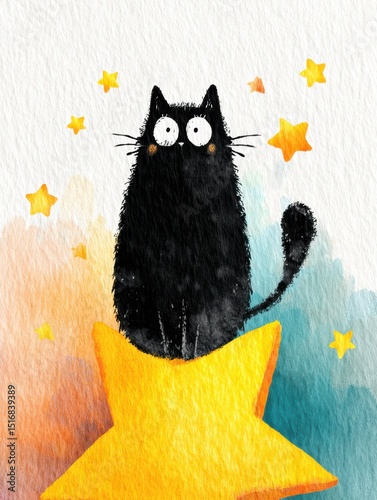 Cute black cat sitting on a bright yellow star against a colorful starry background in a whimsical art style