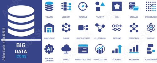 Flat big data icons including machine learning, cloud, infrastructure, real-time, visualization, and storage. Ideal for IT, analytics, and AI-related use.
