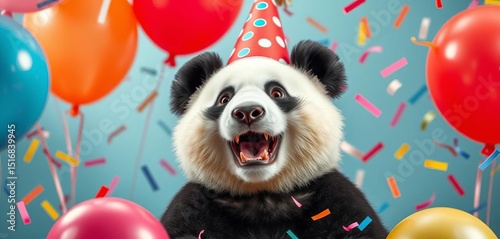 A jovial panda in a party hat surrounded by balloons and confetti, delightful, bear