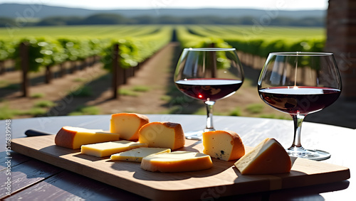 Picturesque vineyard with wine and cheese pairings