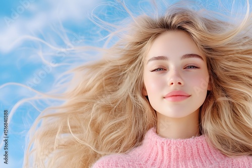Blonde woman portrait with windswept hair against clear blue sky, natural outdoor beauty shot, close-up headshot, summer breeze styling, minimalistic portrait, soft light ambiance, copy space

