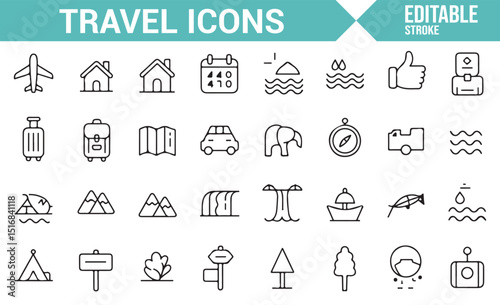 Icon set with travel-related symbols: compass, suitcase, and landscape.