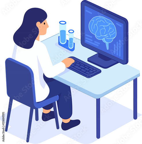 Medical researcher analyzing brain scan on computer. Isometric vector illustration of female scientist at lab desk with monitor and test tubes.
