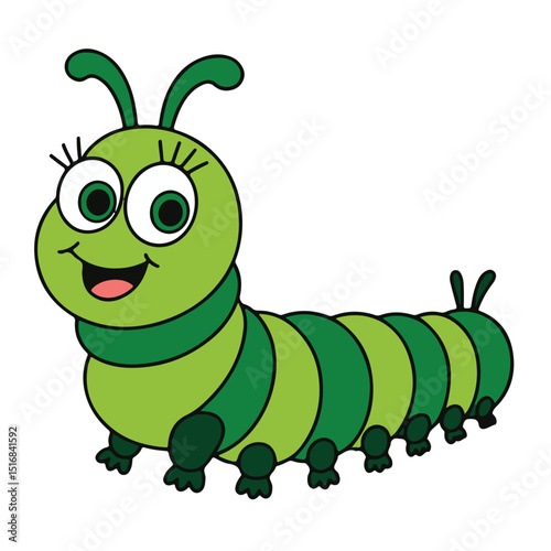 Cute green cartoon caterpillar illustration with a friendly smile on a white background