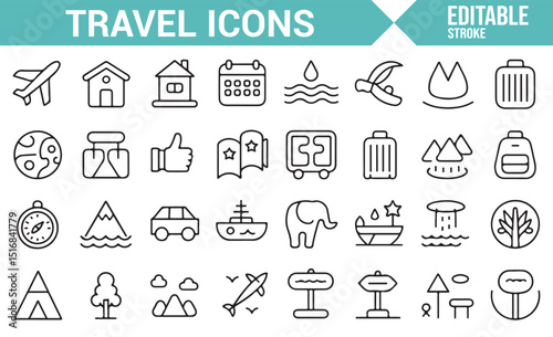 Travel icon set featuring airplane, hotel, mountain, and compass symbols.