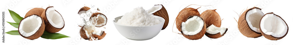 PNG Coconuts and coconut products displayed, element set on transparent background PNG Coconuts and coconut products displayed, element set on transparent background