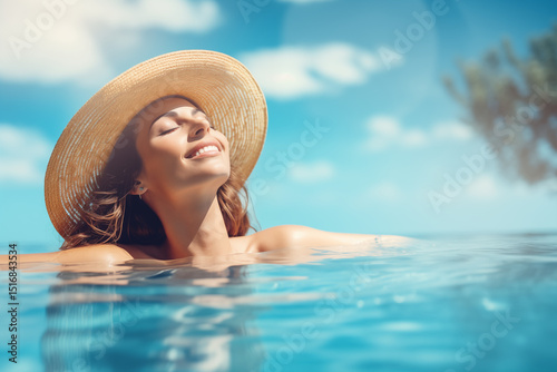 Relaxed Woman Floating on Water at the Pool Enjoying a Calm Summer Day photo