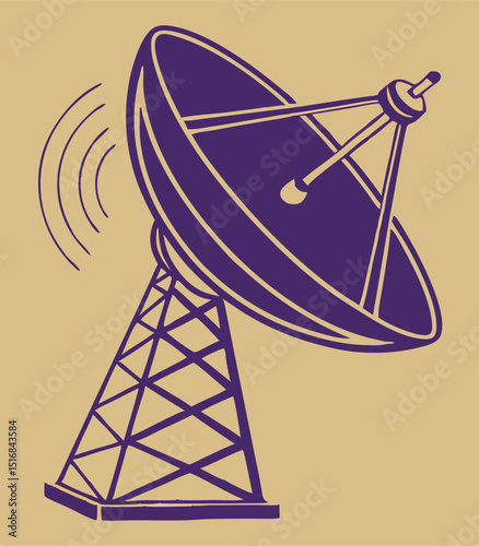 Purple satellite dish broadcasting signals on a beige background