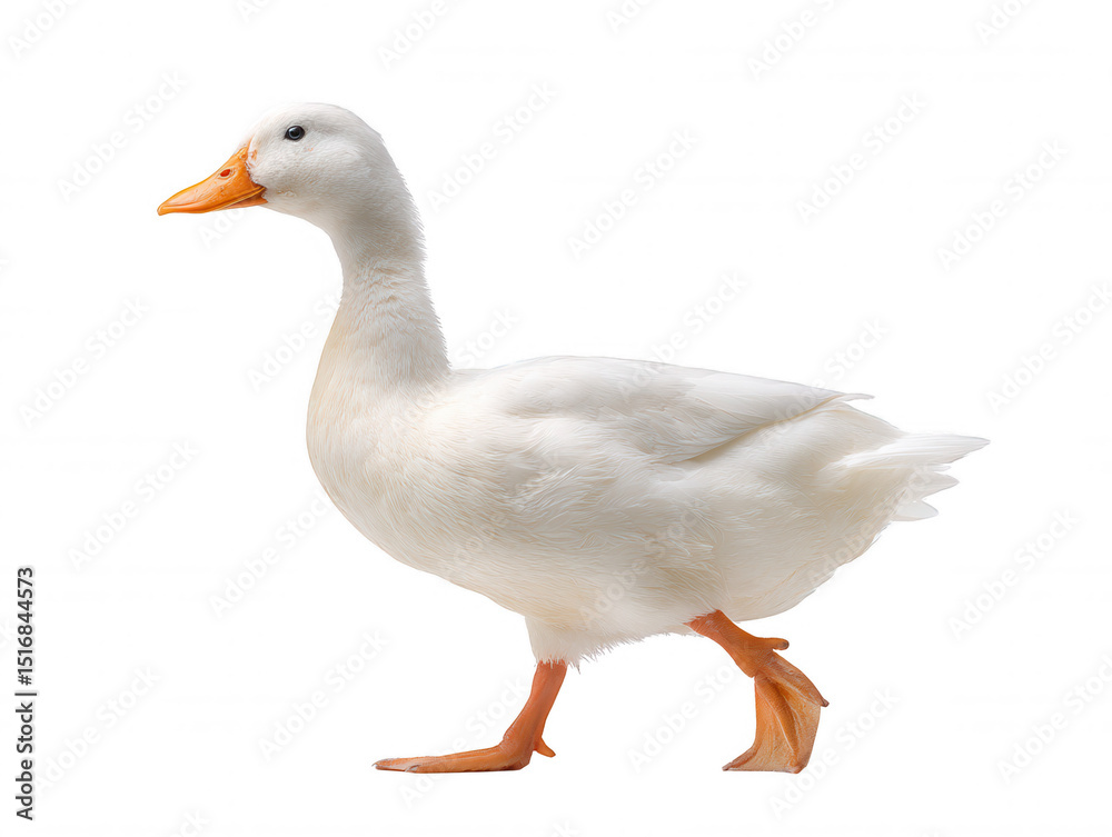 A white domestic duck with an orange beak and feet walks gracefully on a clean white background, its pristine plumage reflecting bright light beautifully. A white domestic duck with an orange beak and feet walks gracefully on a clean white background, its pristine plumage reflecting bright light beautifully.