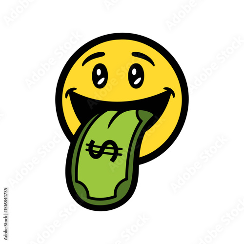 smiling face with a dollar bill tongue, funny cartoon money emoji illustration