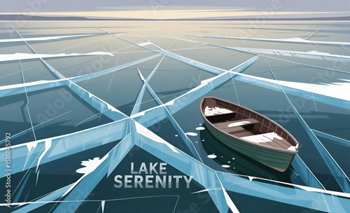 Serene Ice-Covered Lake with Boat Vector Illustration

