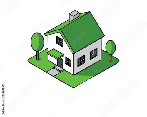 Eco-Friendly Home Design Sustainable House Illustration, Green Roof, Energy Efficiency, Isometric View, Environmental Architecture