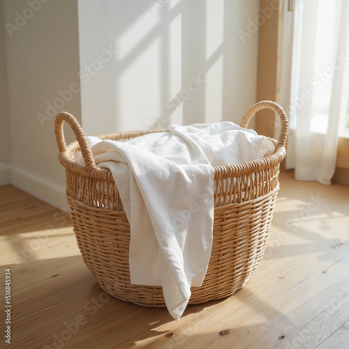 A woven basket filled with clean white linens in soft natural light